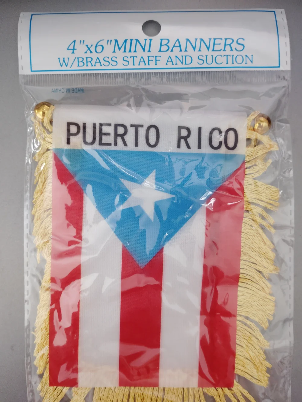 Puerto Rico Mini Banner with Gold Fringe - Red, Blue & White